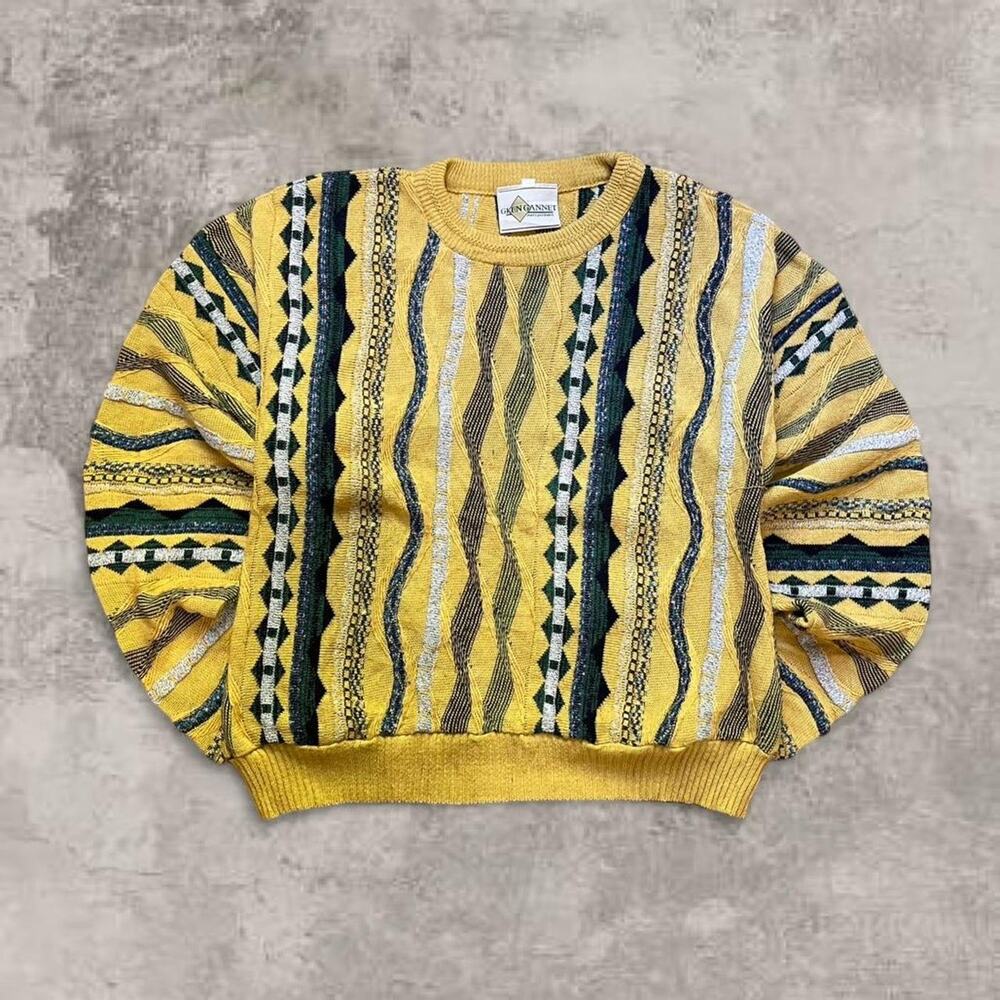 VTG 90s Coogi Style Glen Janet Yellow Cotton Knit Sweater us sz M Jumper